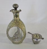 Chinese silver plate overlaid decanter & bowl with tea strainer marked HC