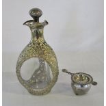 Chinese silver plate overlaid decanter & bowl with tea strainer marked HC