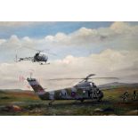 R.E Gage oil on canvas, XV726 Westland Wessex RAF helicopter and one other with soldiers deploying