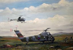 R.E Gage oil on canvas, XV726 Westland Wessex RAF helicopter and one other with soldiers deploying