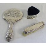 Silver hair brush and mirror Birmingham 1912 & 1915 & silver trinket box/pin cushion Birmingham