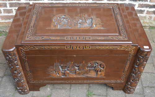 Oriental style carved camphor wood chest