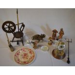 Anniversary clock under dome, miniature spinning wheel,