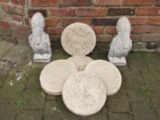 Pair of Pelican garden ornaments & 5 stepping stones (3 plain,