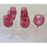 Set of 6 cranberry wine glasses (one a/f) & a brandy glass