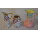 Charlotte Rhead Bursley Ware jug and vase (heavily chipped) and a Majolica 1930s jug