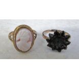 9ct gold cameo ring size P & 9ct gold garnet ring (missing centre stone) size Q total weight 5.