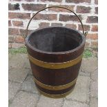Antique oak bucket with brass handle initialled W F