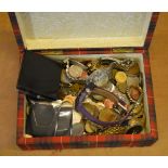 Box of mixed coins and costume wristwatches