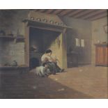 Large oil on canvas of a cottage scene