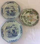 Pair of 18th century Chinese blue & white plates & a famille verte plate
