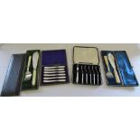 Cased silver plate fish servers & cased knives and forks with mother of pearl handles and silver