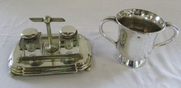 Silver plate Art Deco ink stand & a 19th century silver plate loving cup