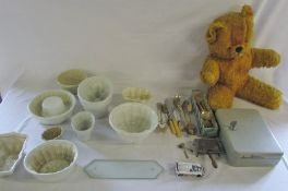 Assorted ceramic jelly moulds, teddy bear, silver plate,