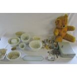 Assorted ceramic jelly moulds, teddy bear, silver plate,
