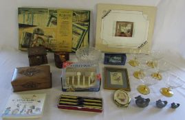 Various items inc glassware, Marquetry kit, Business game,
