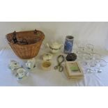 Assorted items inc bicycle wicker basket with fittings, 8 Babysham glasses,