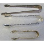 3 pairs of sugar tongs Sheffield 1926, 1893 & London 1831 total weight 1.