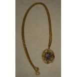 9ct gold amethyst and seed pearl pendant (some pearls missing) on an 18ct gold necklace,
