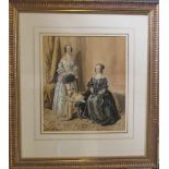 Framed watercolour of interior scene with 2 ladies and a dog by Alicia H Laird signed A H Laird