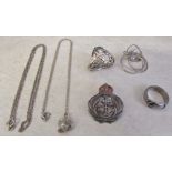 Silver buckle ring Chester hallmark, silver interlaced scarf ring marked 925, brooch marked silver,