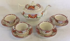 Circa 1820 London shape pink lustre teapot & 4 matching cups & saucers