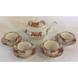 Circa 1820 London shape pink lustre teapot & 4 matching cups & saucers