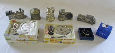 Selection of silver plate christening items together with 3 silver baby/christening bangles