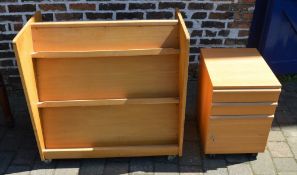 School book display and a small filing cabinet