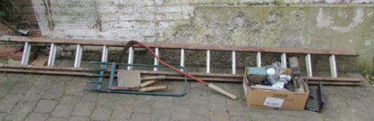 Assorted garden and DIY tools & a ladder