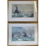 Pair of watercolours of Naval battle scenes by Harold Webb 1922 67 cm x 50 cm