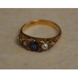 18ct gold possibly sapphire, pearl and diamond ring, approx weight 4.