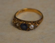 18ct gold possibly sapphire, pearl and diamond ring, approx weight 4.