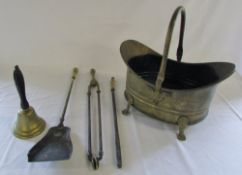 Brass scuttle with fire irons & a brass bell