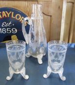 Thomas Webb & Sons Stourbridge Victorian etched jug with two glasses (one glass with crack)