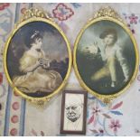 2 oval portrait prints in gilt frames & a Winston Churchill print