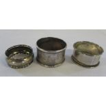 3 silver napkin rings Birmingham 1901,1929 & possibly 1946 total weight 1.