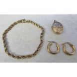 9ct gold rope bracelet, 9ct gold locket & 9ct gold hoop earrings total weight 5.