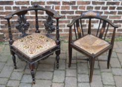 Late Victorian / Edwardian rush seated corner chair and a heavily carved oak corner chair