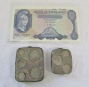 2 Vintage silver plate coin holder with 1940/41 coins and 1930s coins & first series £5 note from