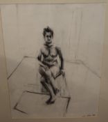 Large framed charcoal drawing of a seated nude, approx 82 cm x 102 cm,