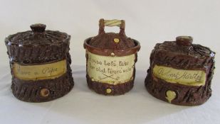 3 Earthenware tree trunk style tobacco jars possibly Yorkshire/Halifax - 'Have a Pipe',