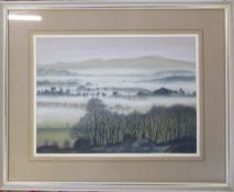Painting by J Easton 'The misty valley' signed lower left and dated '85 67 cm x 54 cm