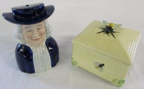 Crown Devon bee lidded dish & a Woods Quaker money box