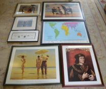 Approx 7 framed prints including Vettriano, Peters World Map,