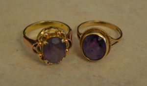 14ct gold amethyst ring with rose gold shoulders size O and a 9ct gold amethyst ring size N,