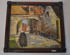 Small oil on board of a continental street scene