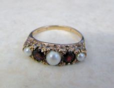 9ct gold garnet and pearl ring size J/K