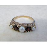 9ct gold garnet and pearl ring size J/K