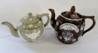 Bargeware teapot 'Mrs Alletson Victoria Inn 1881' (chipped lid) & a saltglaze stoneware teapot 'A